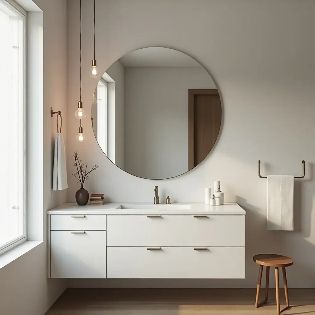 a photo of a stylish bathroom vanity with a large round mirror and pendant lights