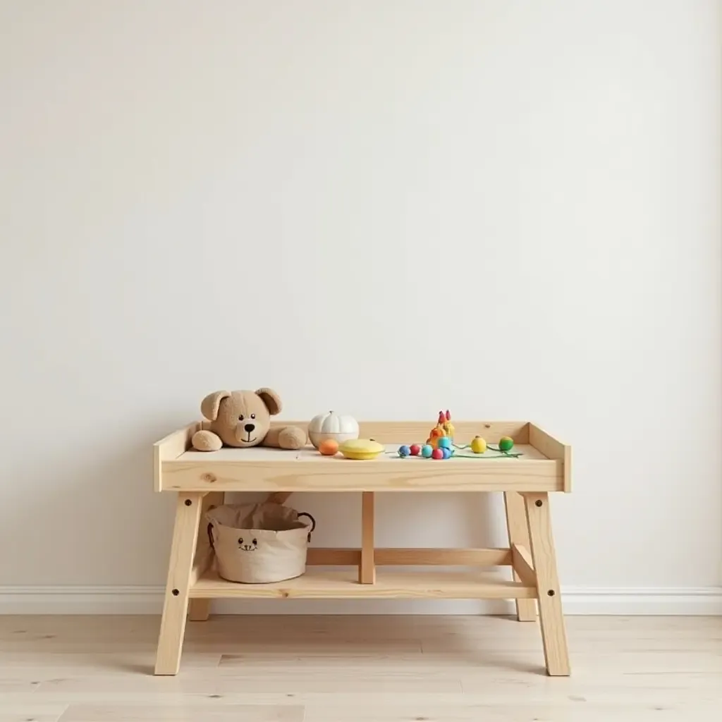 a photo of a nursery featuring a wooden activity table