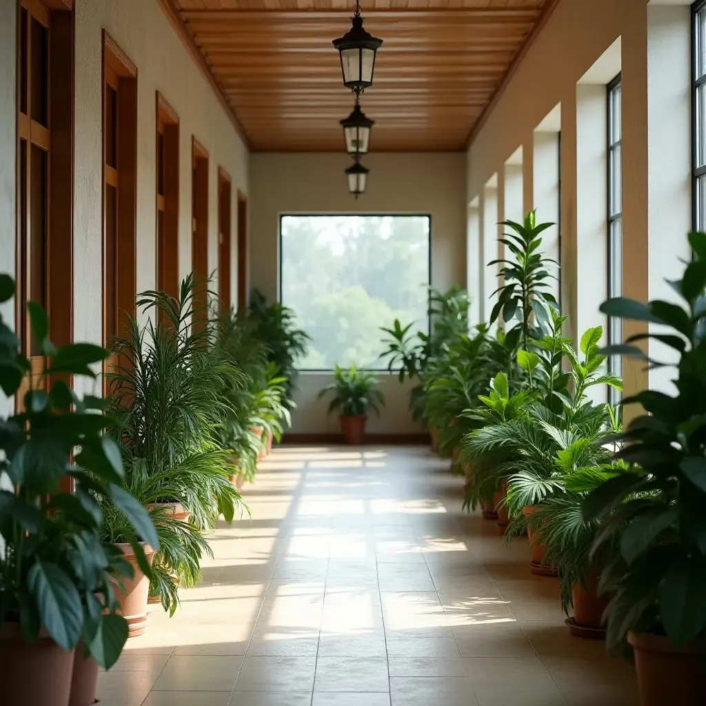 a photo of a corridor showcasing a mix of indoor plants