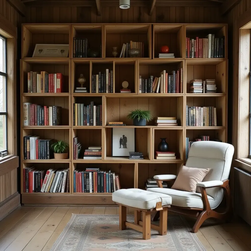 a photo of wooden crates used as bookshelves in a cozy library