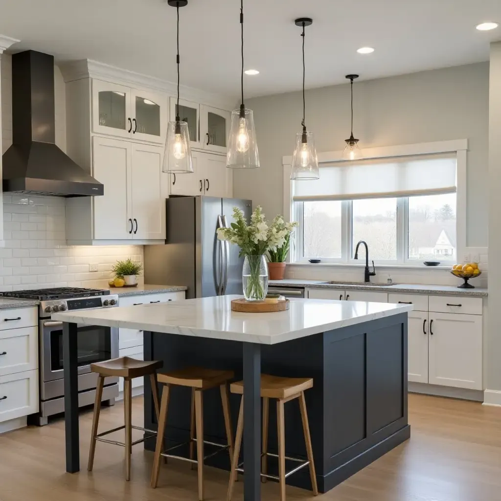 a photo of pendant lights in a kitchen with a breakfast bar