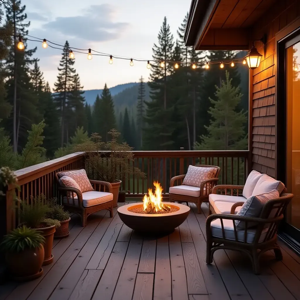 a photo of a cozy balcony with a small fire pit and seating area