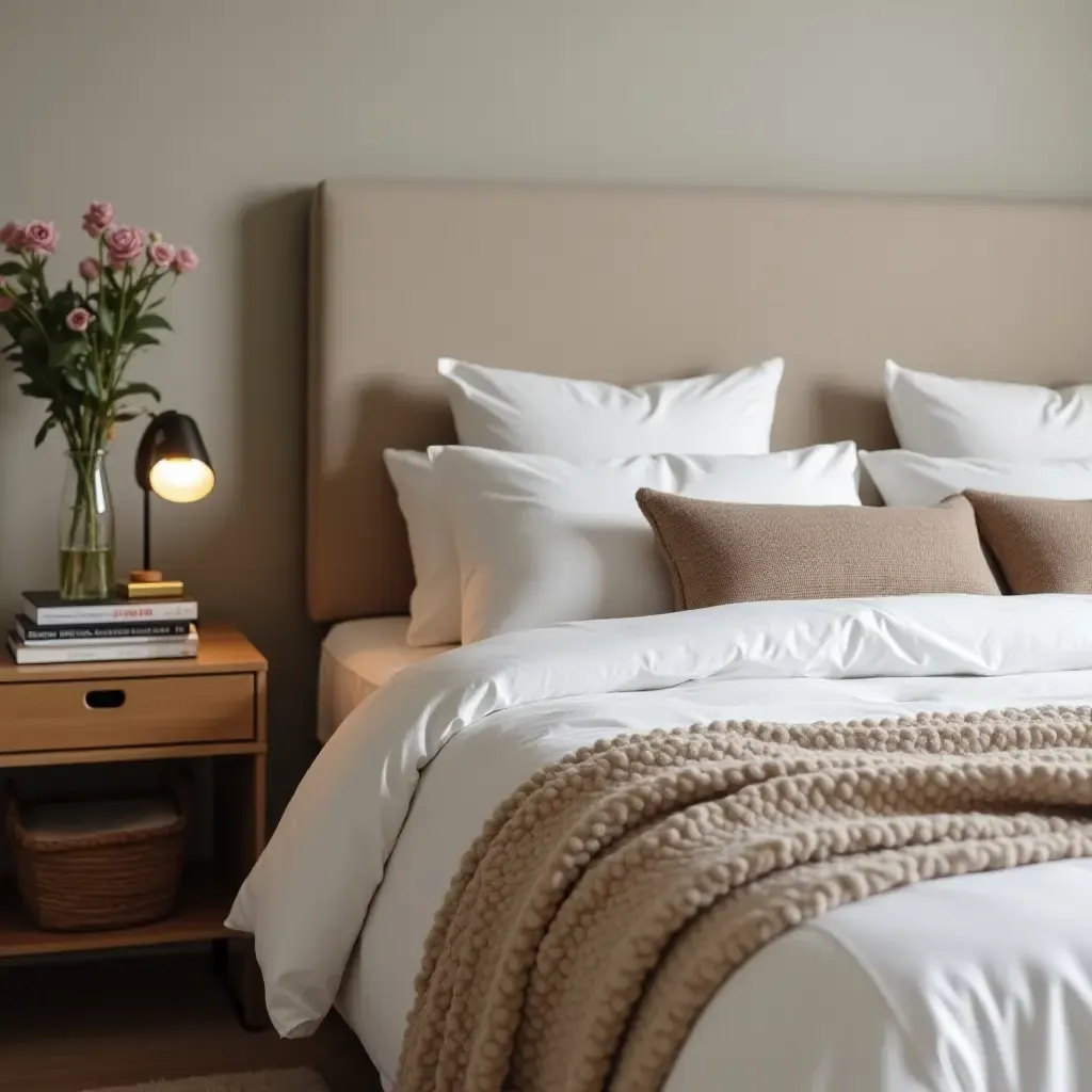 a photo of a nightstand with a soft throw and decorative pillows