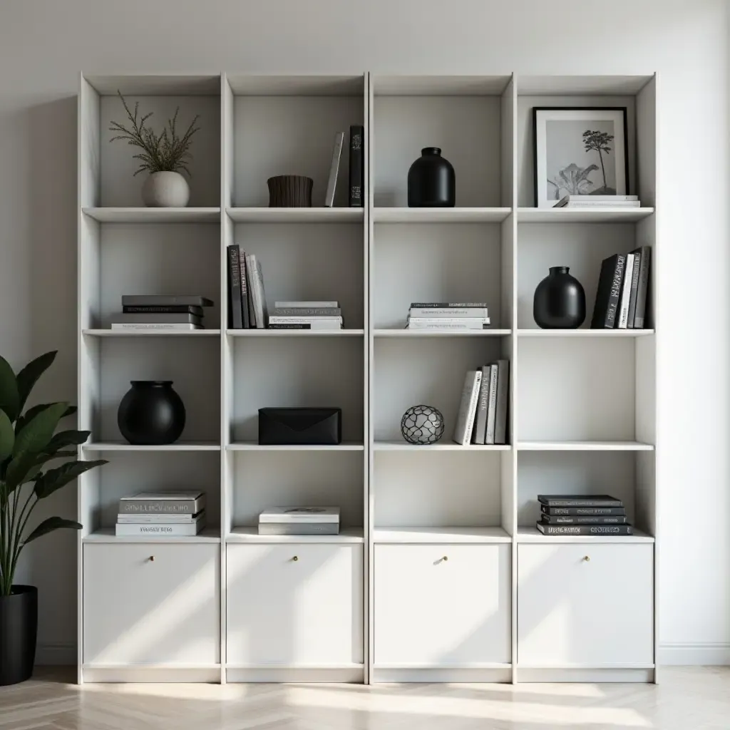 a photo of a minimalist bookshelf featuring sleek lines and monochrome decor