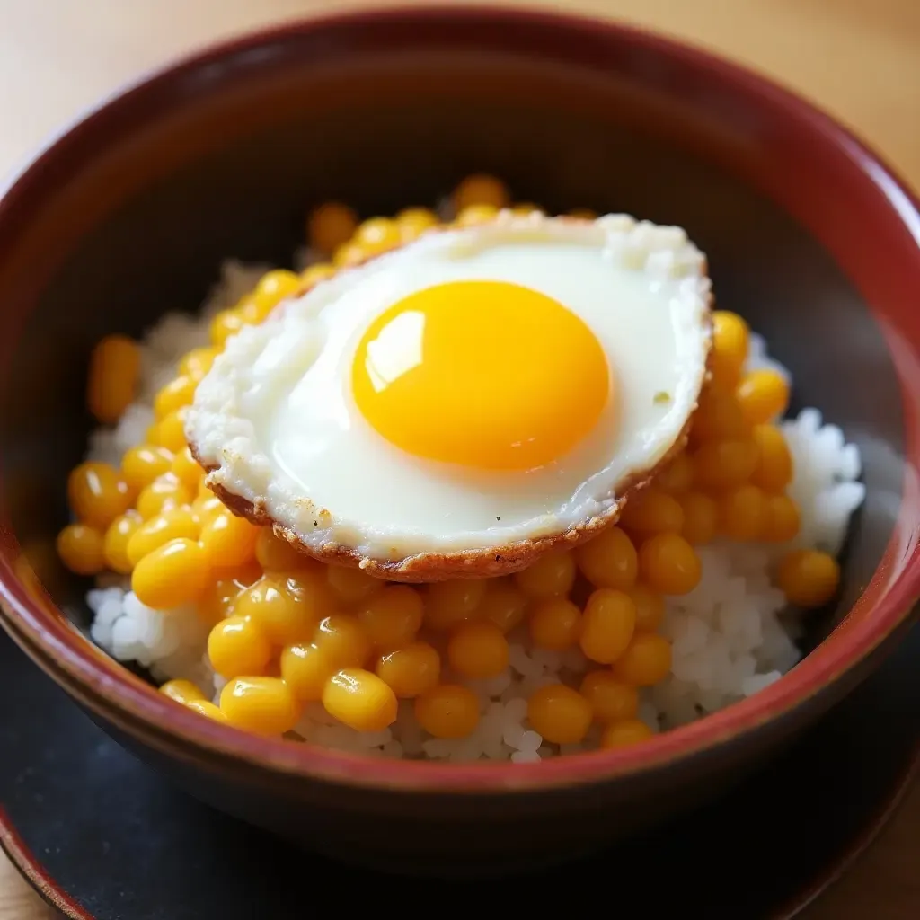 a photo of a unique Japanese breakfast with natto, rice, and a raw egg on top.