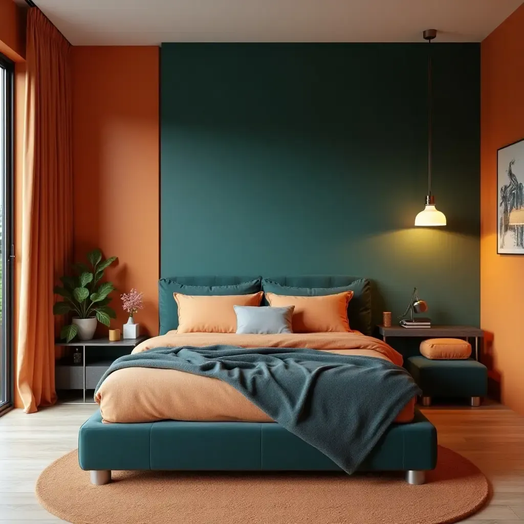 a photo of a trendy burnt orange and dark teal bedroom for teenagers