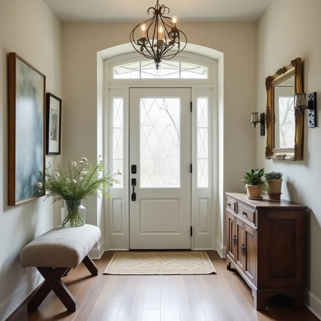 a photo of a charming foyer with a mix of antique and contemporary decor