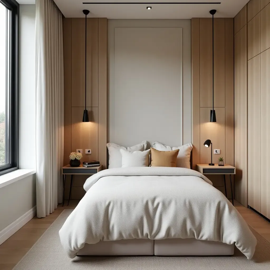 a photo of a stylish kids&#x27; bedroom with layered fabric textures, elegant wood finishes, and modern metal fixtures