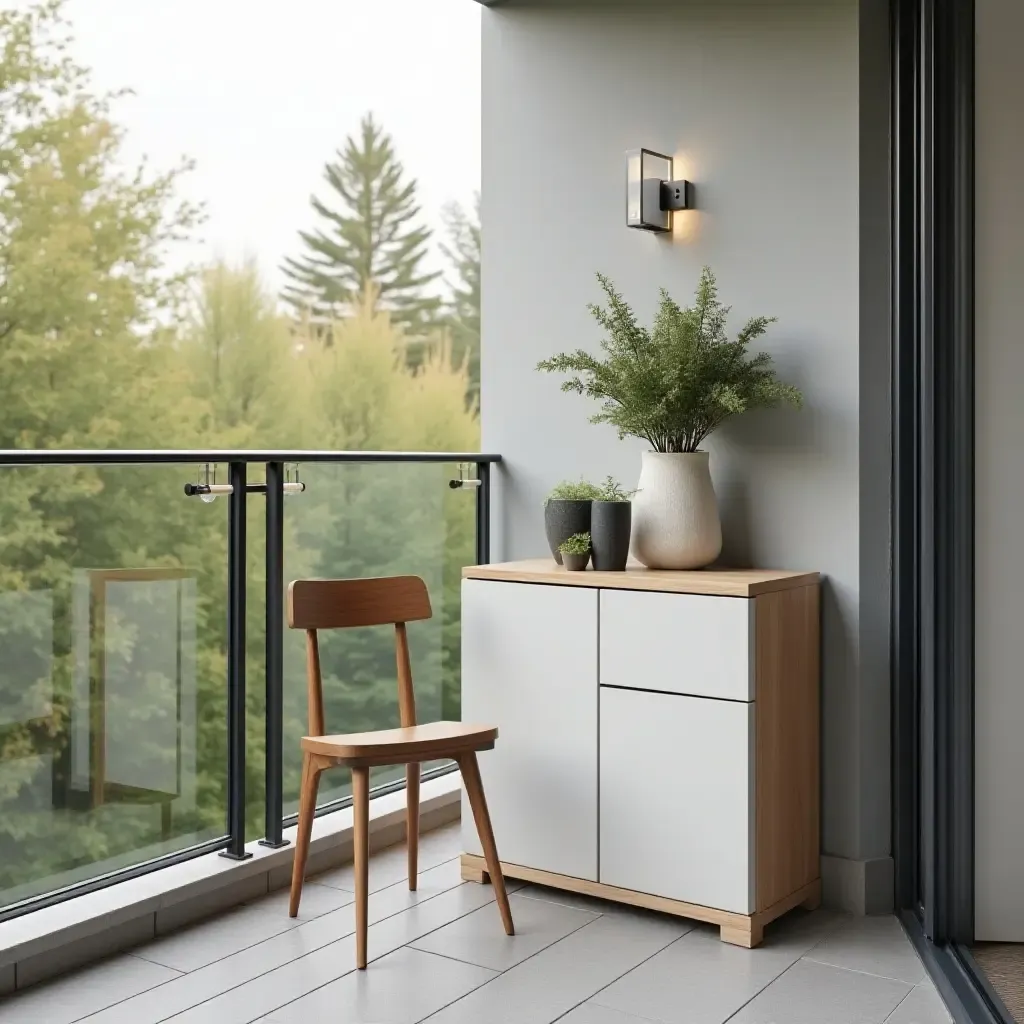 a photo of a balcony with a chic side table and clever storage solutions