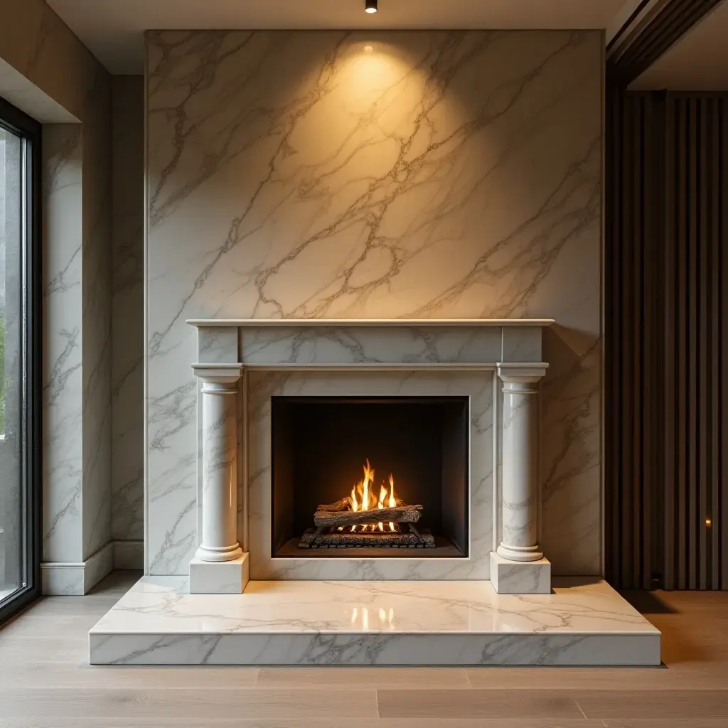 a photo of a luxurious marble fireplace in a basement