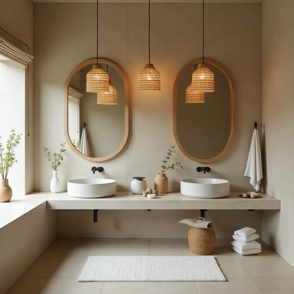 a photo of a zen-inspired bathroom with pendant lights made from natural fibers