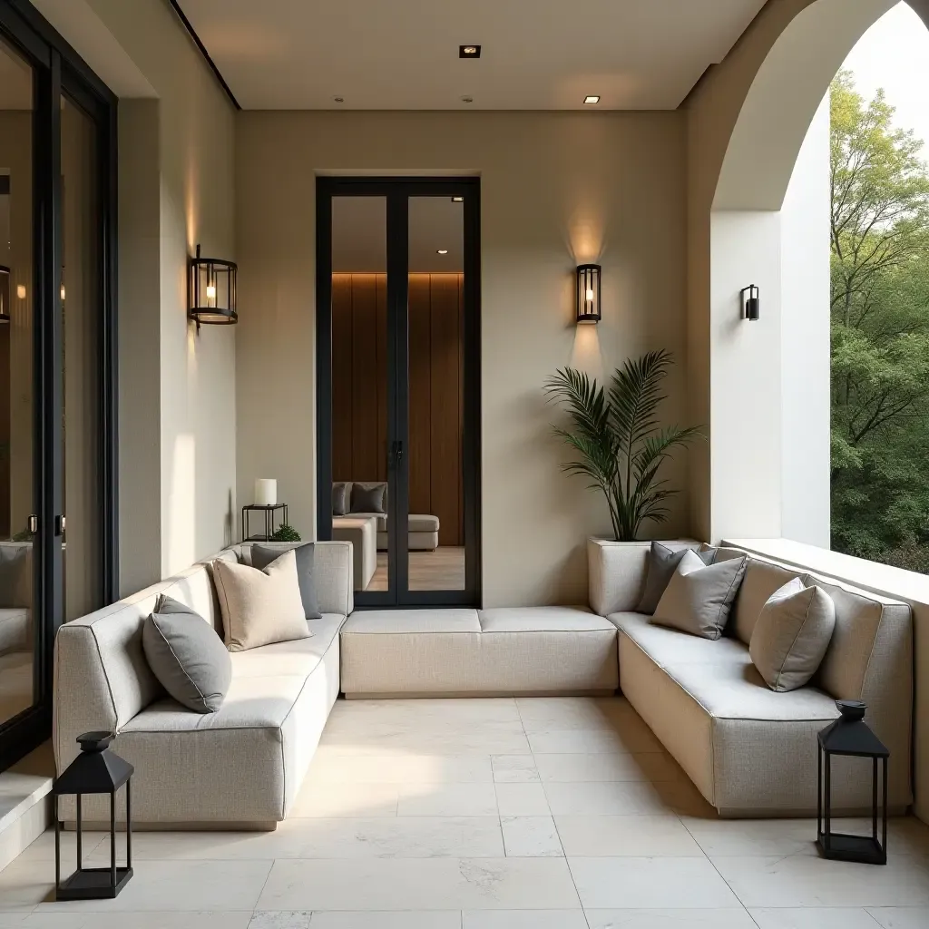 a photo of an elegant balcony with built-in storage seats and lanterns