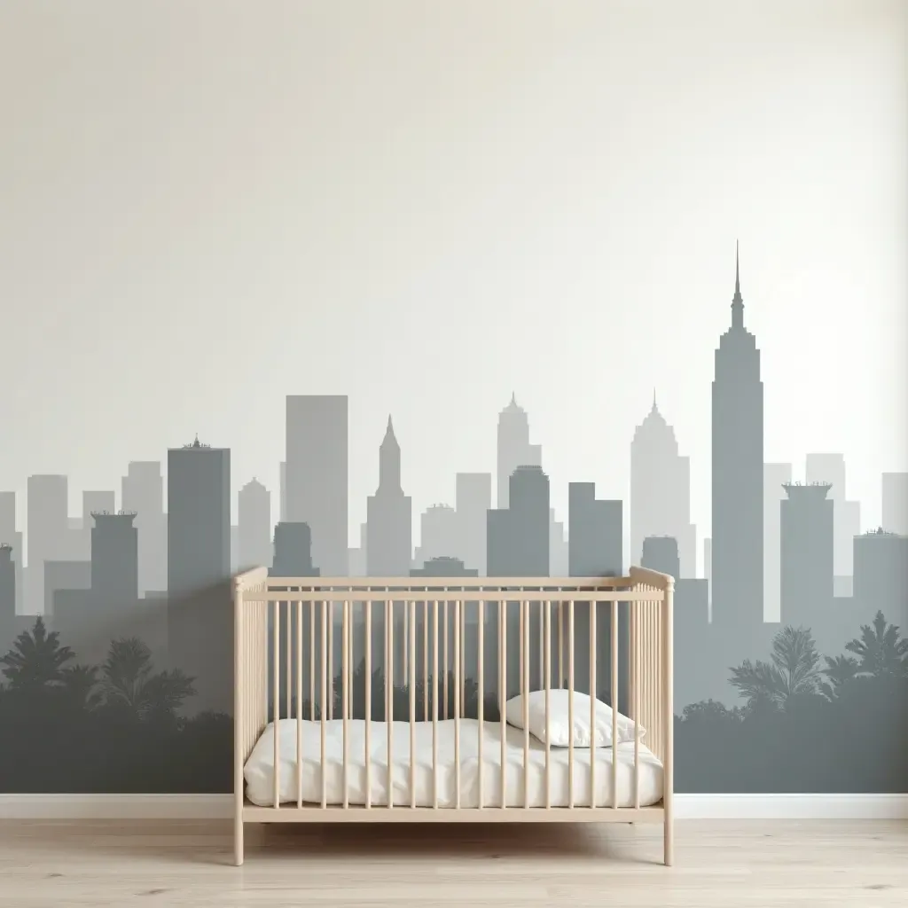 a photo of a wall mural depicting a city skyline in a nursery