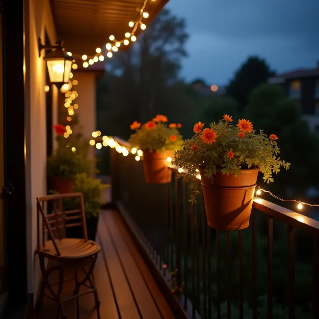 a photo of a balcony with hanging planters and fairy lights