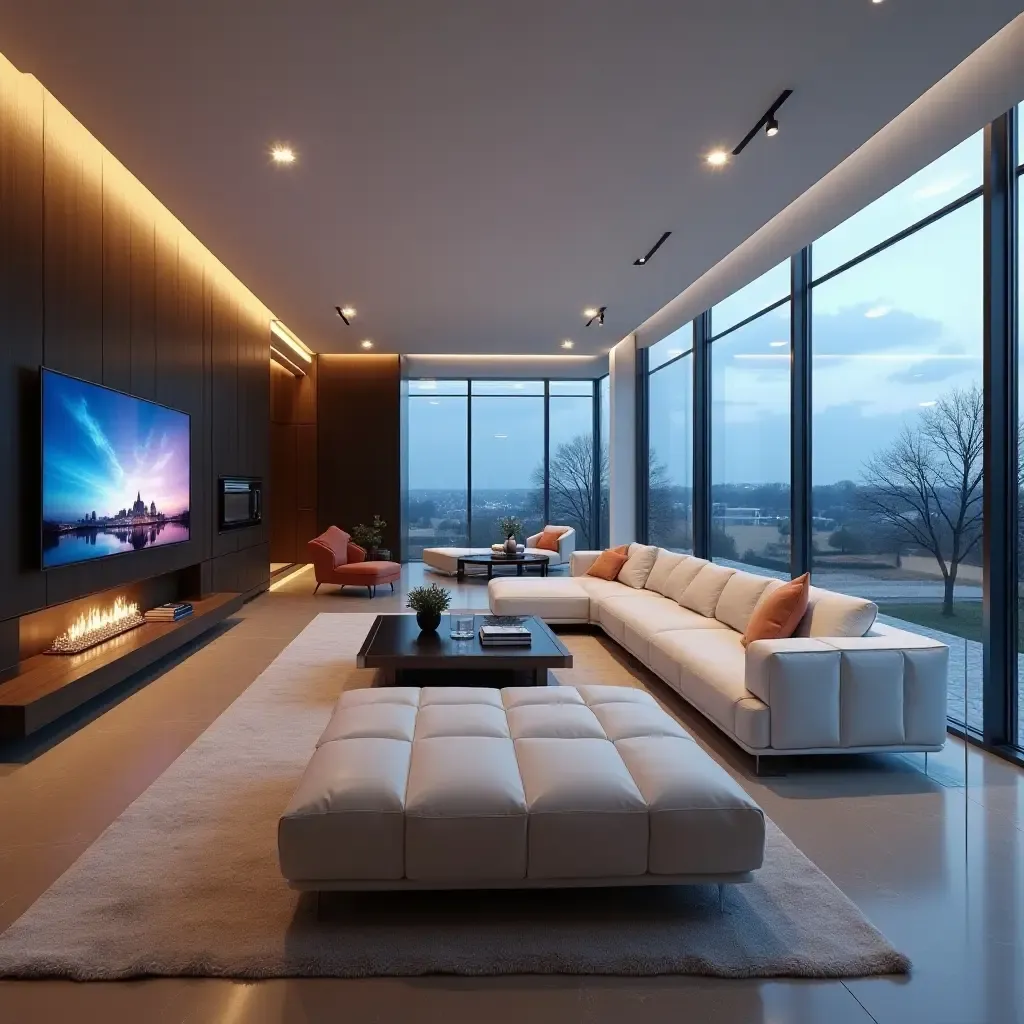 a photo of a futuristic living room with smart technology and sleek design