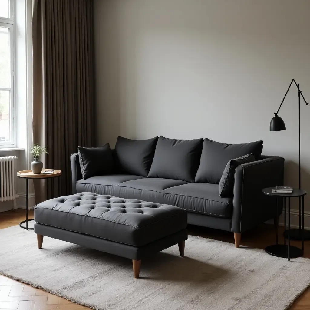 a photo of a dark grey couch with a chic ottoman and stylish side tables in a modern space