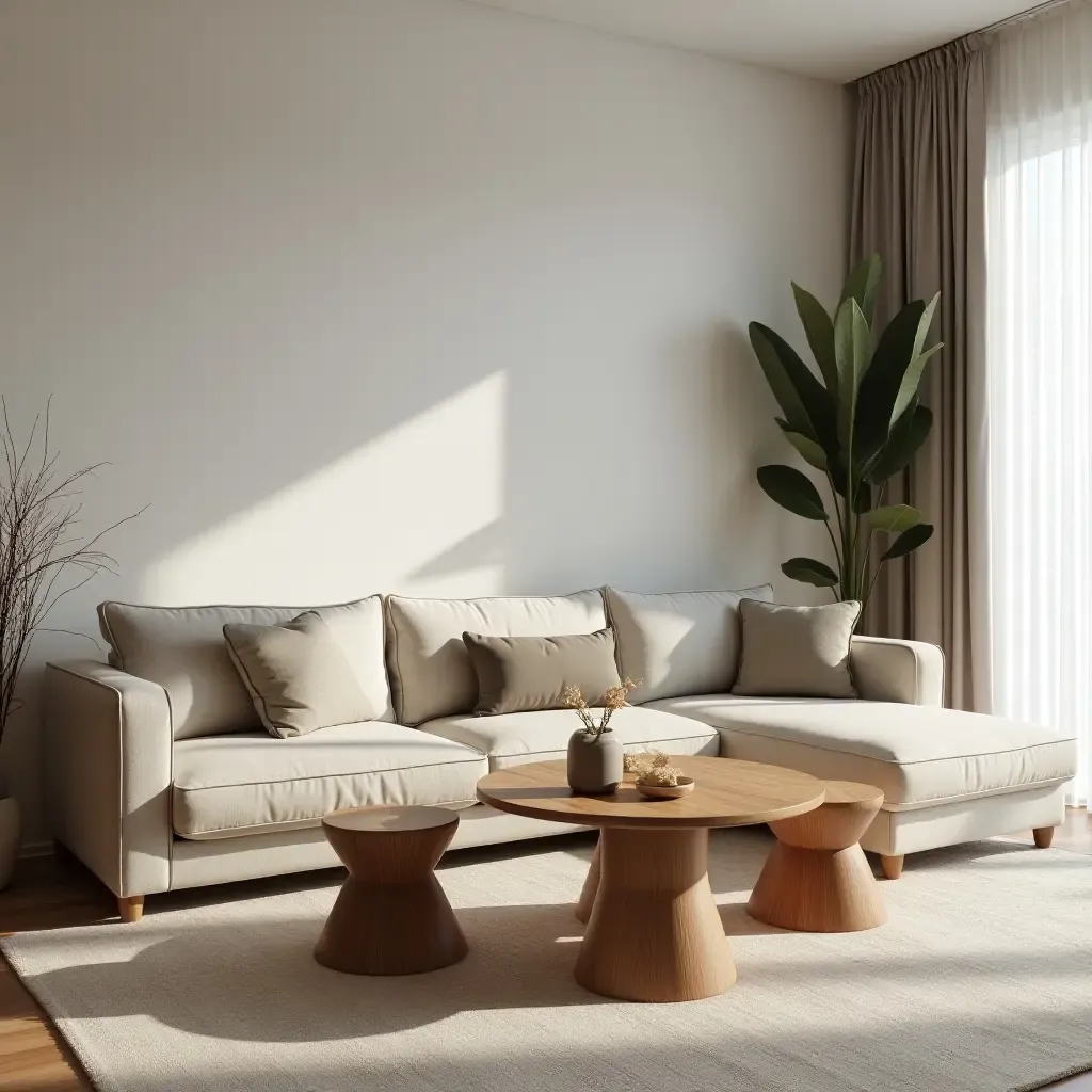 a photo of a living room featuring wooden stools and a stylish coffee table