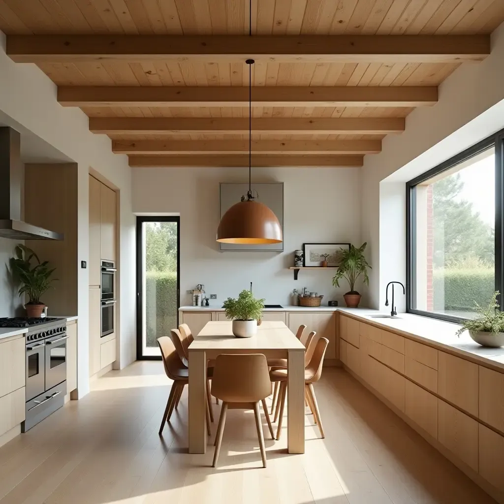 a photo of a wooden ceiling in a charming kitchen