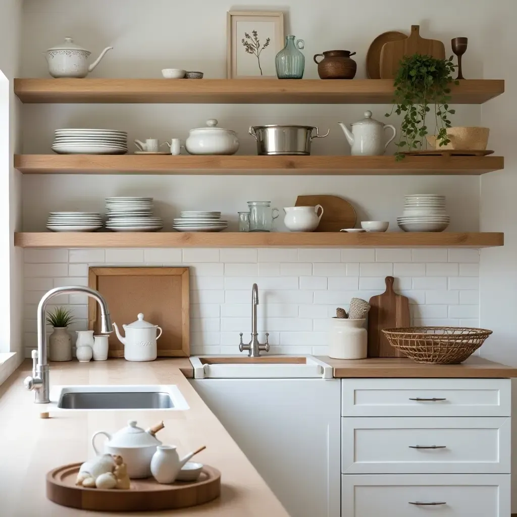 a photo of a kitchen with open shelving displaying rustic decor items