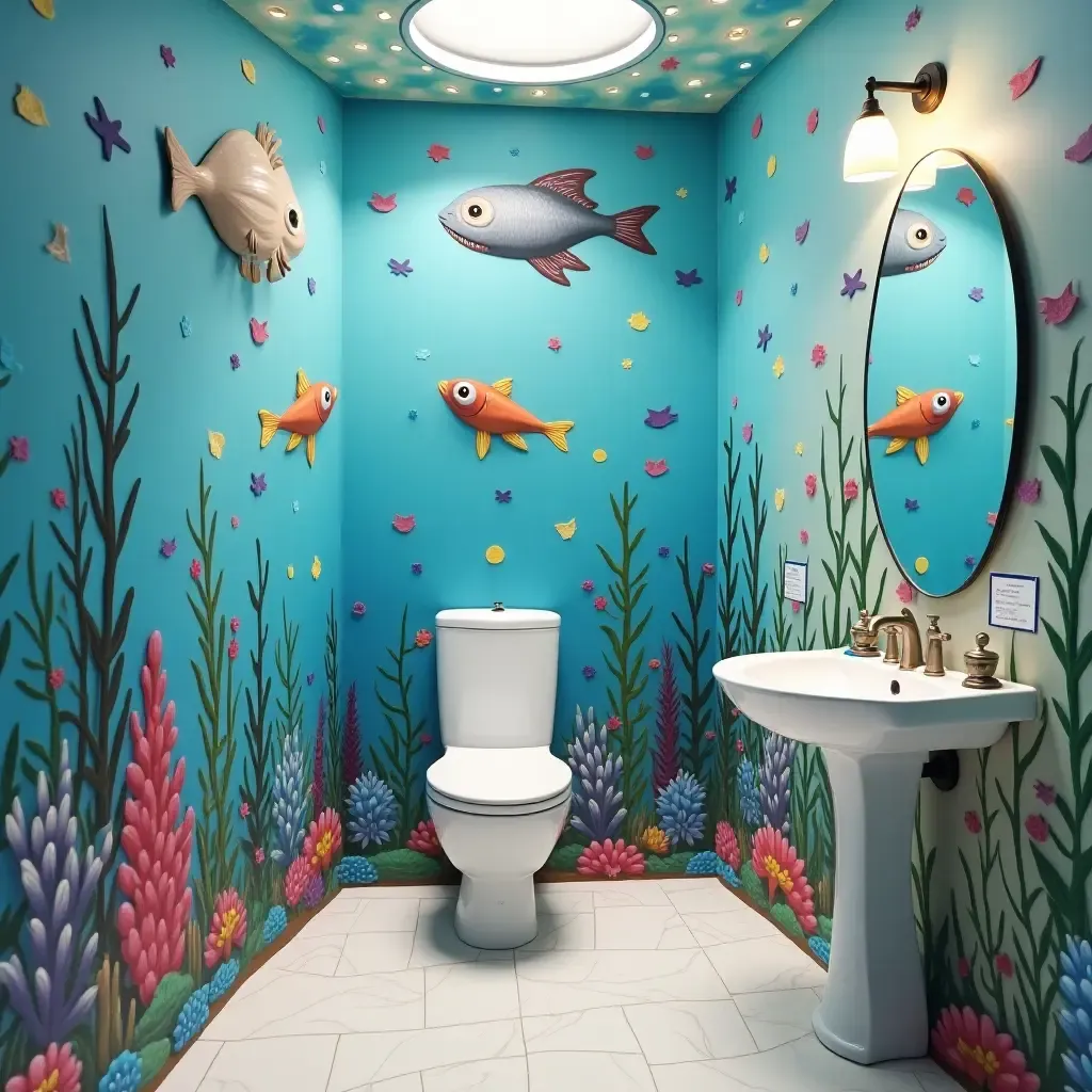 a photo of a whimsical mural featuring underwater creatures in a bathroom