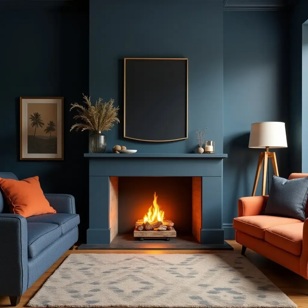 a photo of a warm orange fireplace in a navy-themed living room