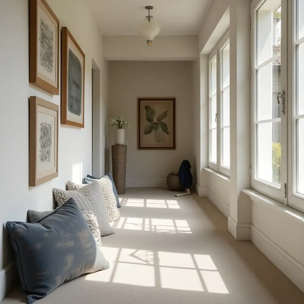 a photo of a contemporary corridor showcasing throw pillows with abstract designs