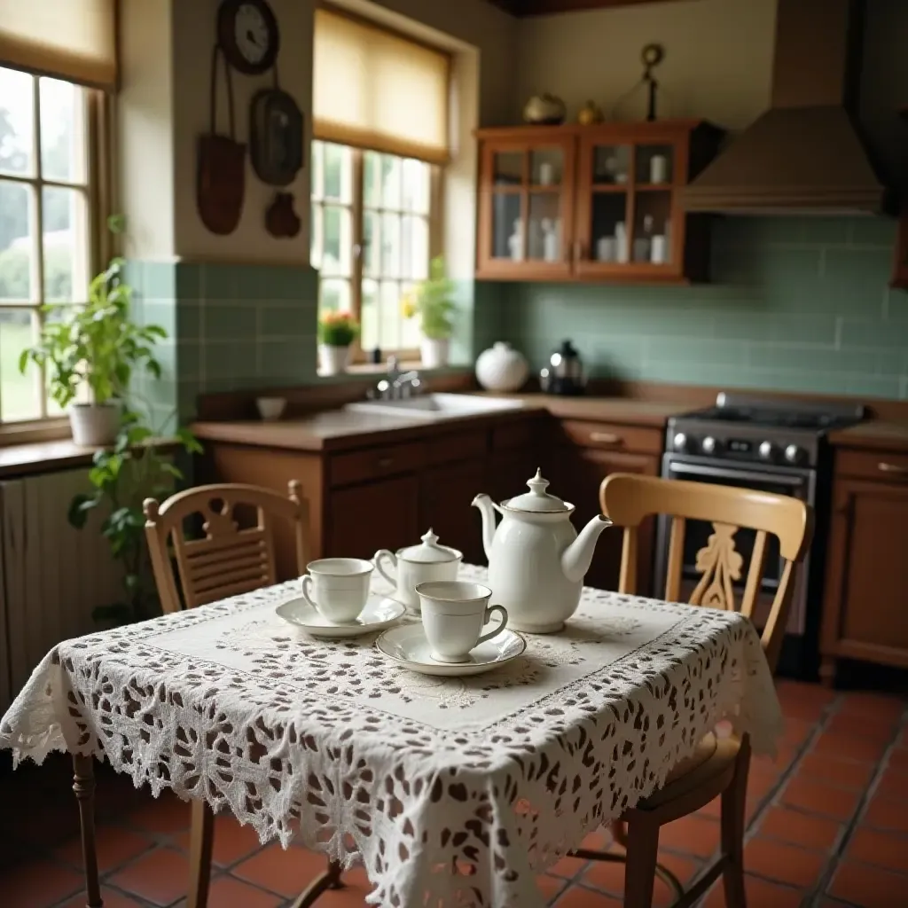 a photo of a cozy kitchen with a vintage tea set on a lace tablecloth