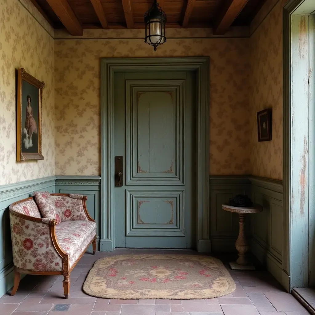 a photo of a vintage entrance hall showcasing patterned fabric, weathered wood, and antique metal