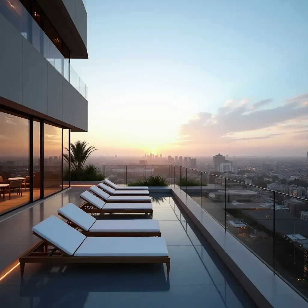 a photo of a rooftop balcony with panoramic city views and lounge chairs