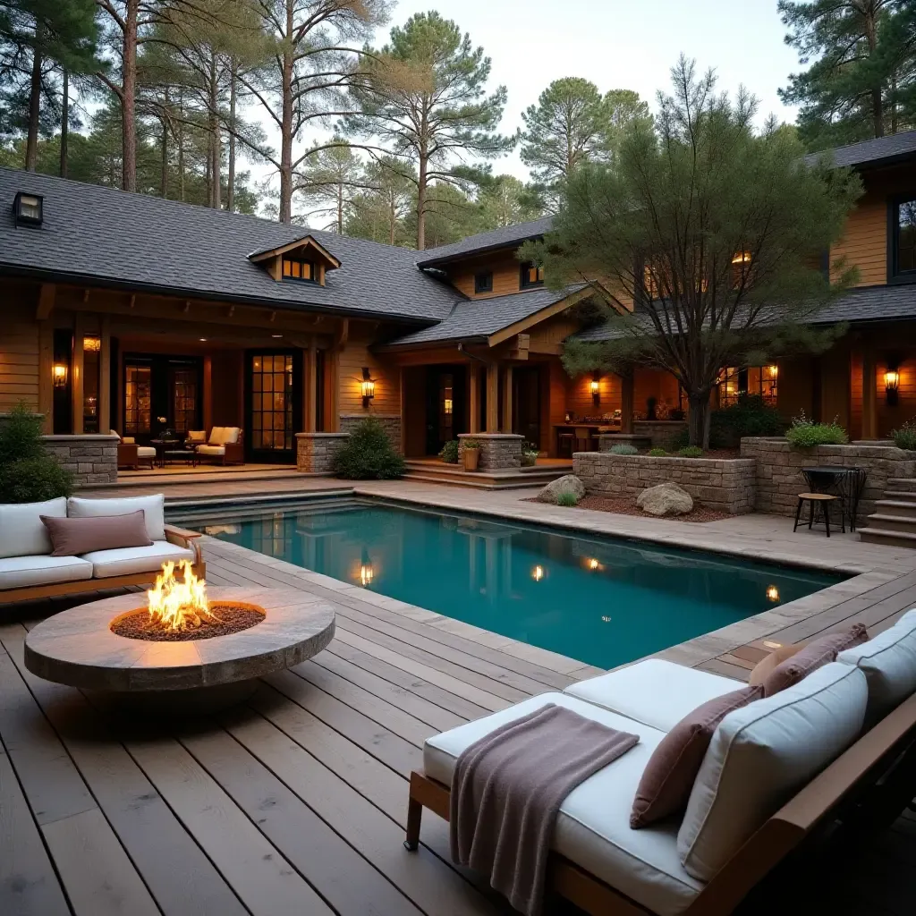 a photo of a rustic wooden deck surrounding a pool with cozy seating and fire pit