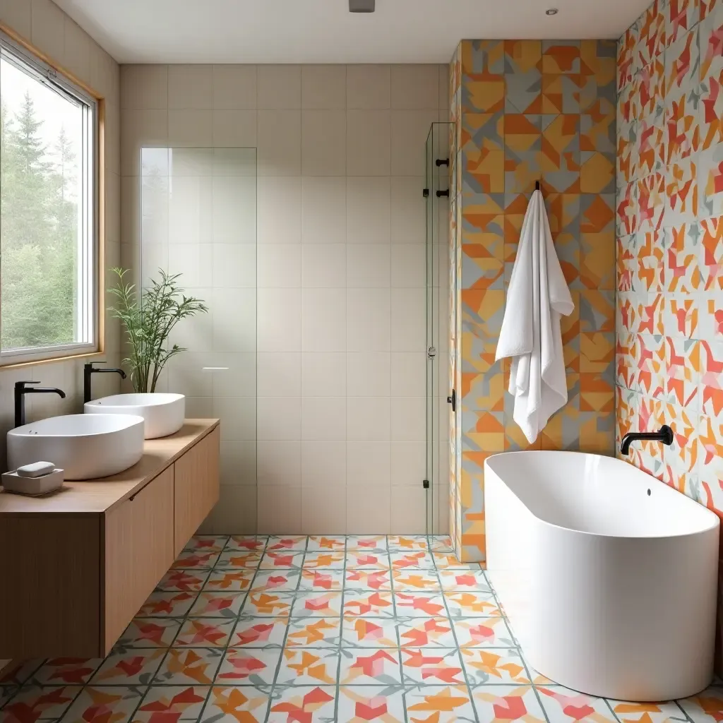 a photo of a modern bathroom featuring geometric tile patterns in vibrant colors