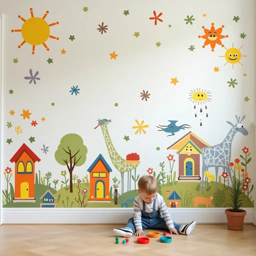 a photo of a colorful, interactive wall mural for toddlers