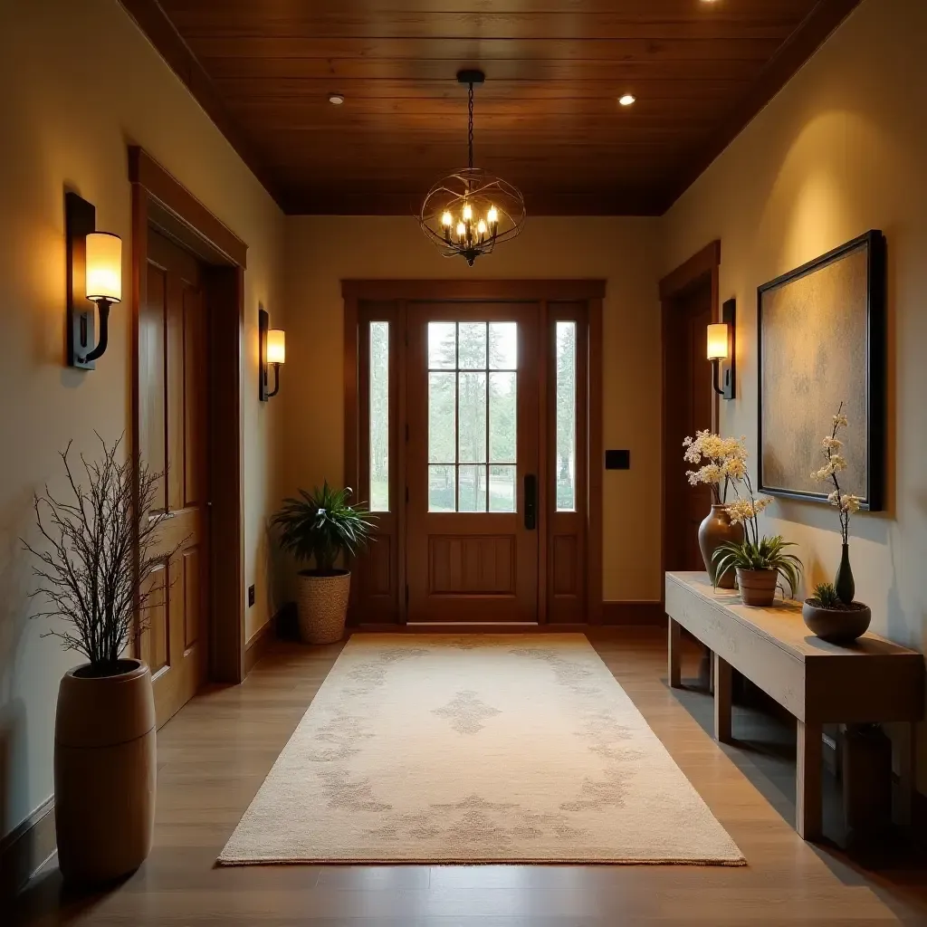 a photo of a cozy entrance hall with rustic wood accents and warm lighting