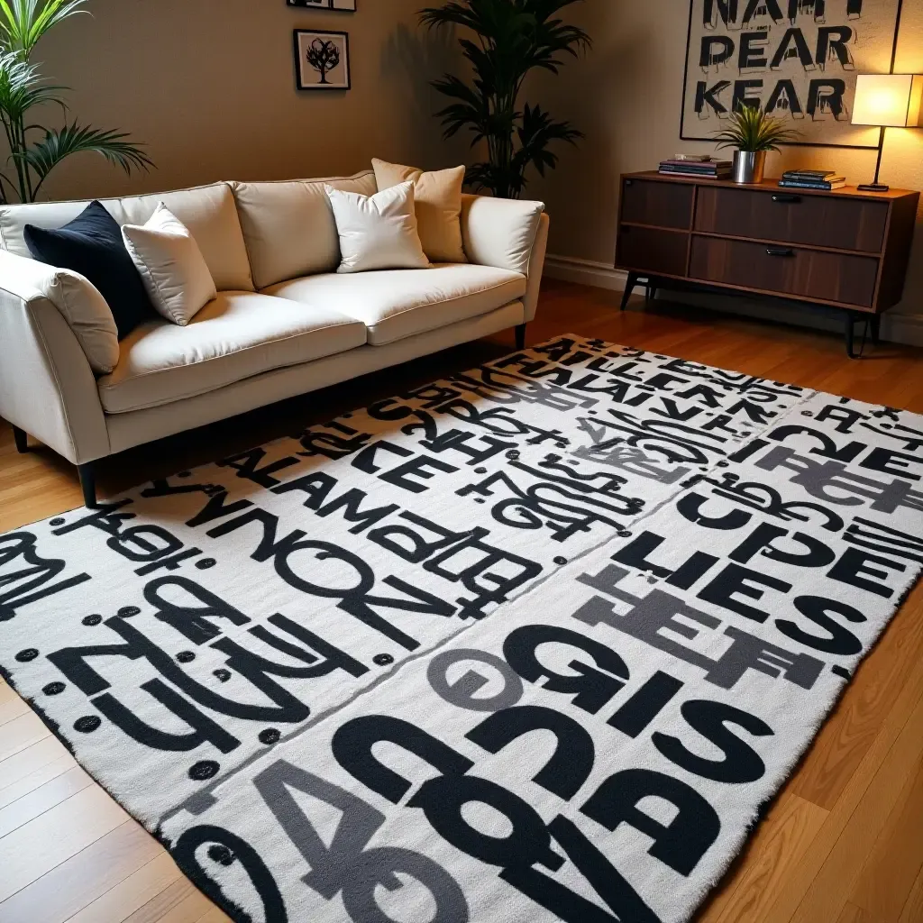 a photo of a chic, urban-style rug with graffiti prints