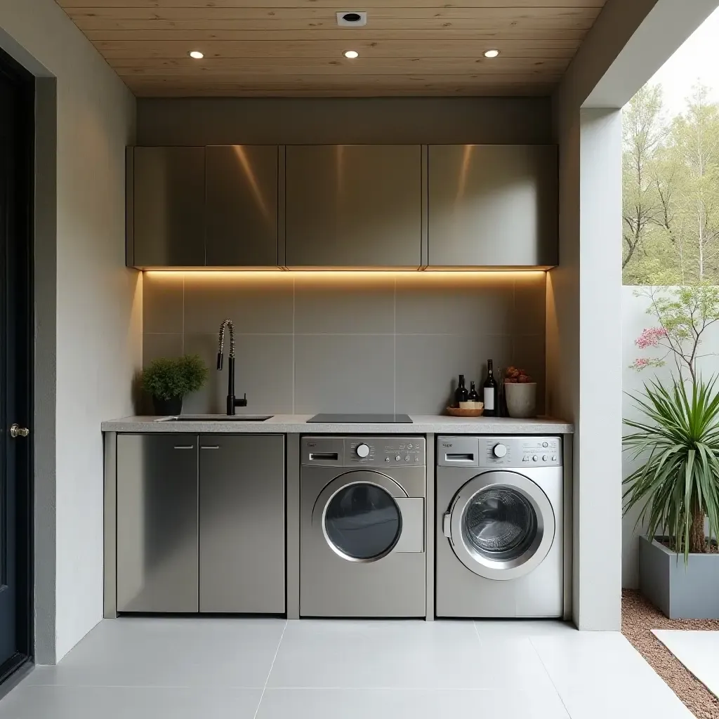 a photo of a sleek outdoor laundry area with stainless steel appliances and glass accents