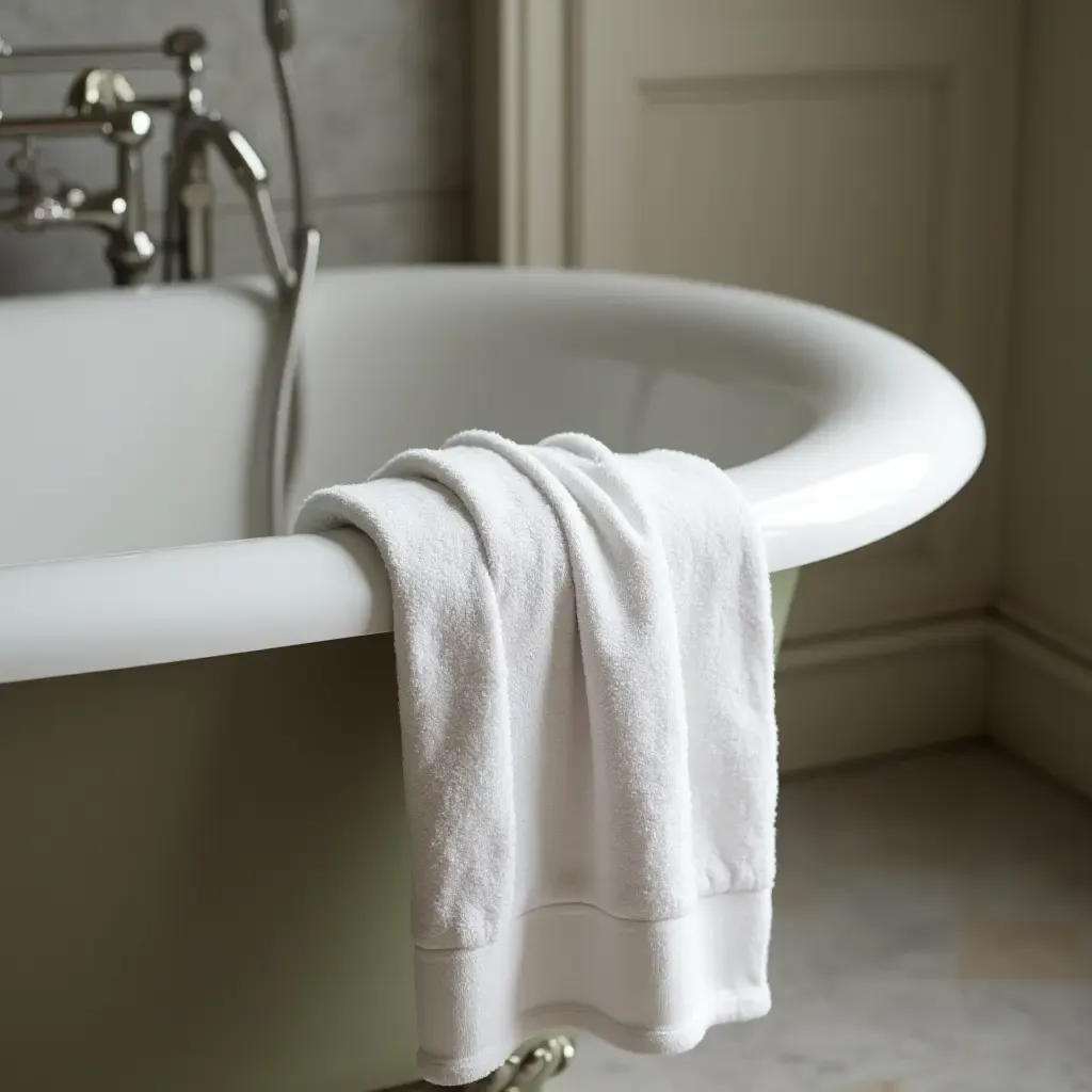 a photo of elegant towels draped over a vintage bathtub