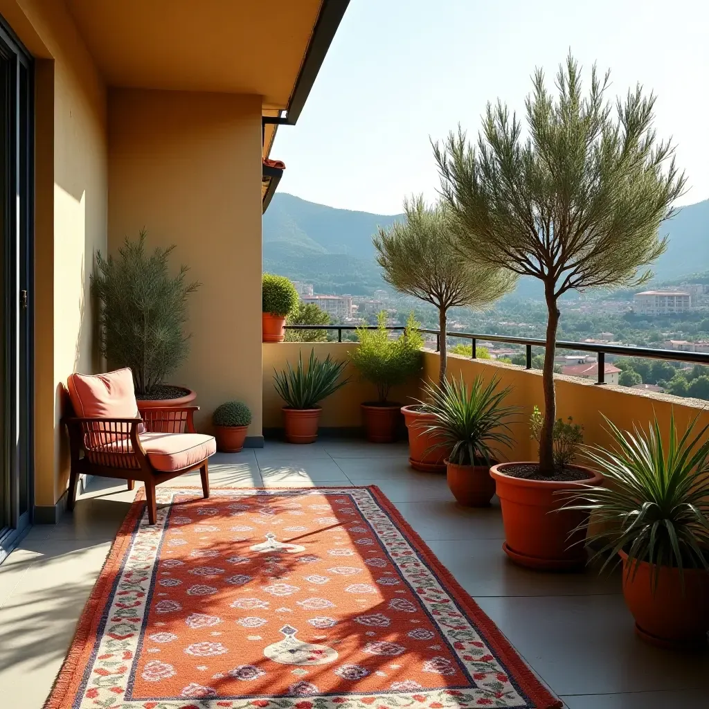 a photo of a balcony with a colorful outdoor rug and potted olive trees