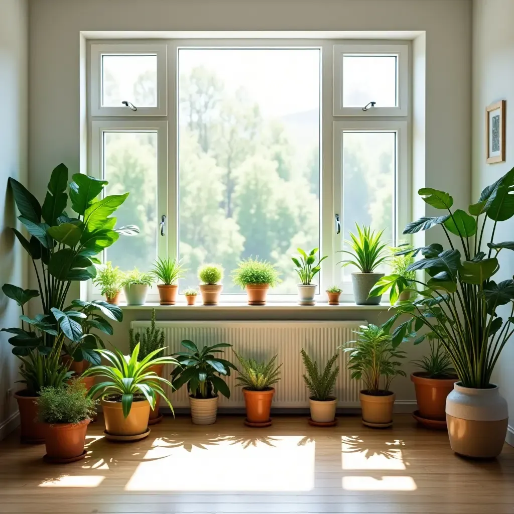 a photo of a bright room with various indoor plants