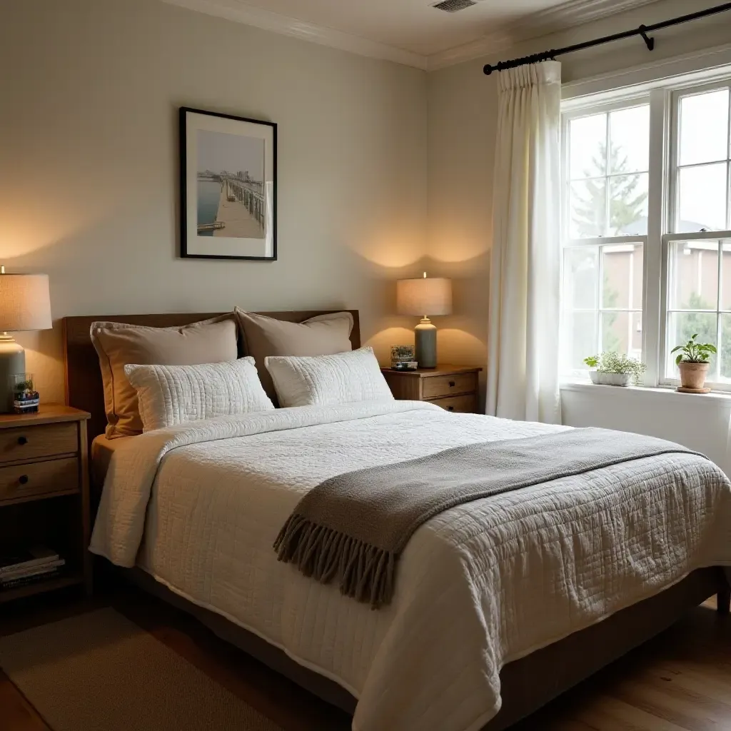 a photo of a cozy bedroom with a farmhouse quilt and soft lighting