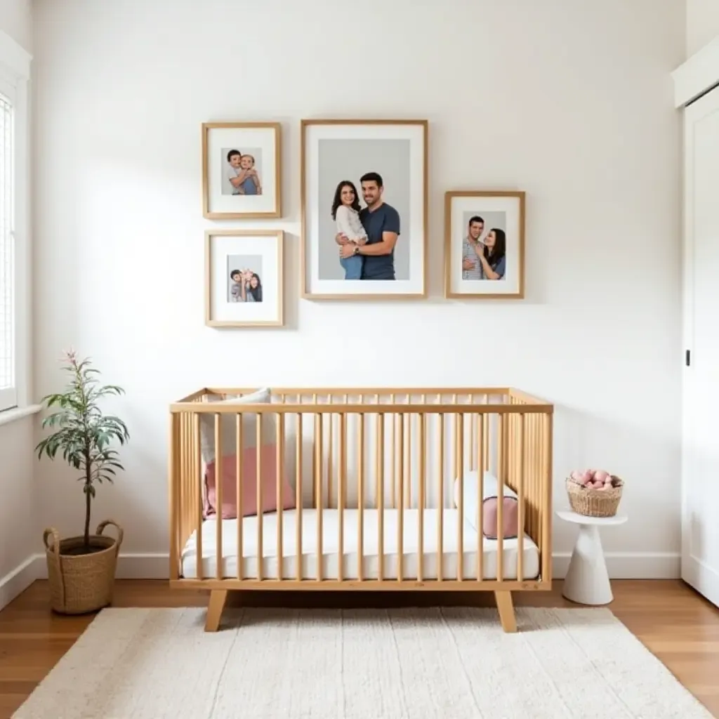 a photo of a nursery with a wooden crib and a gallery wall of family photos