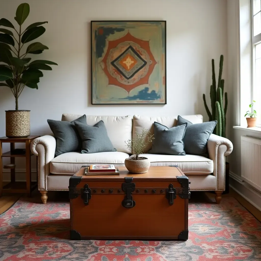 a photo of a small living room with a vintage trunk as a coffee table and eclectic decor