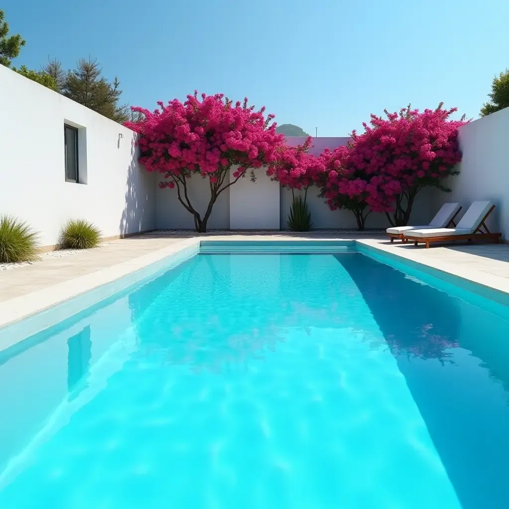 a photo of a vibrant blue pool with whitewashed walls and bougainvillea