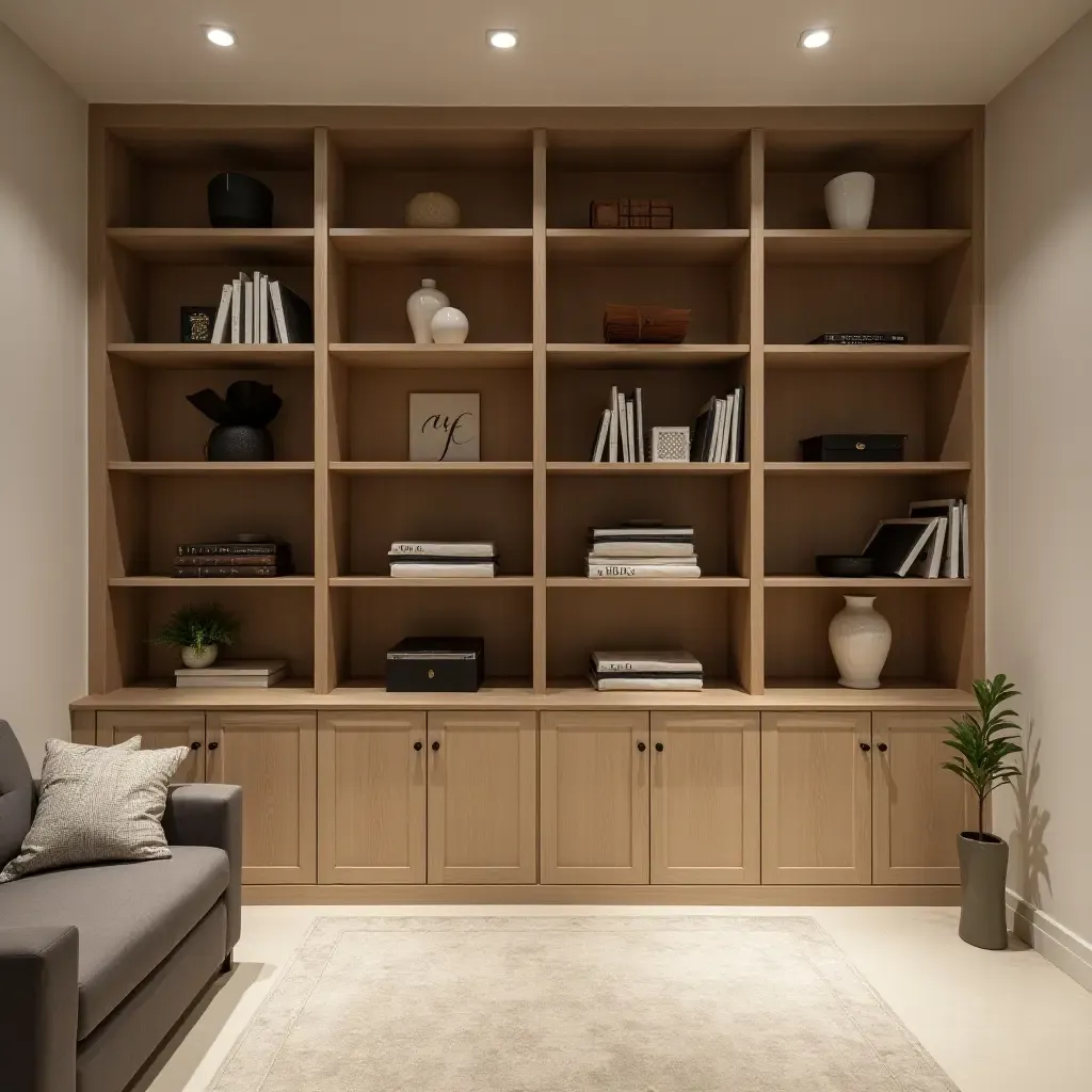 a photo of a stylish basement with built-in shelving units for storage