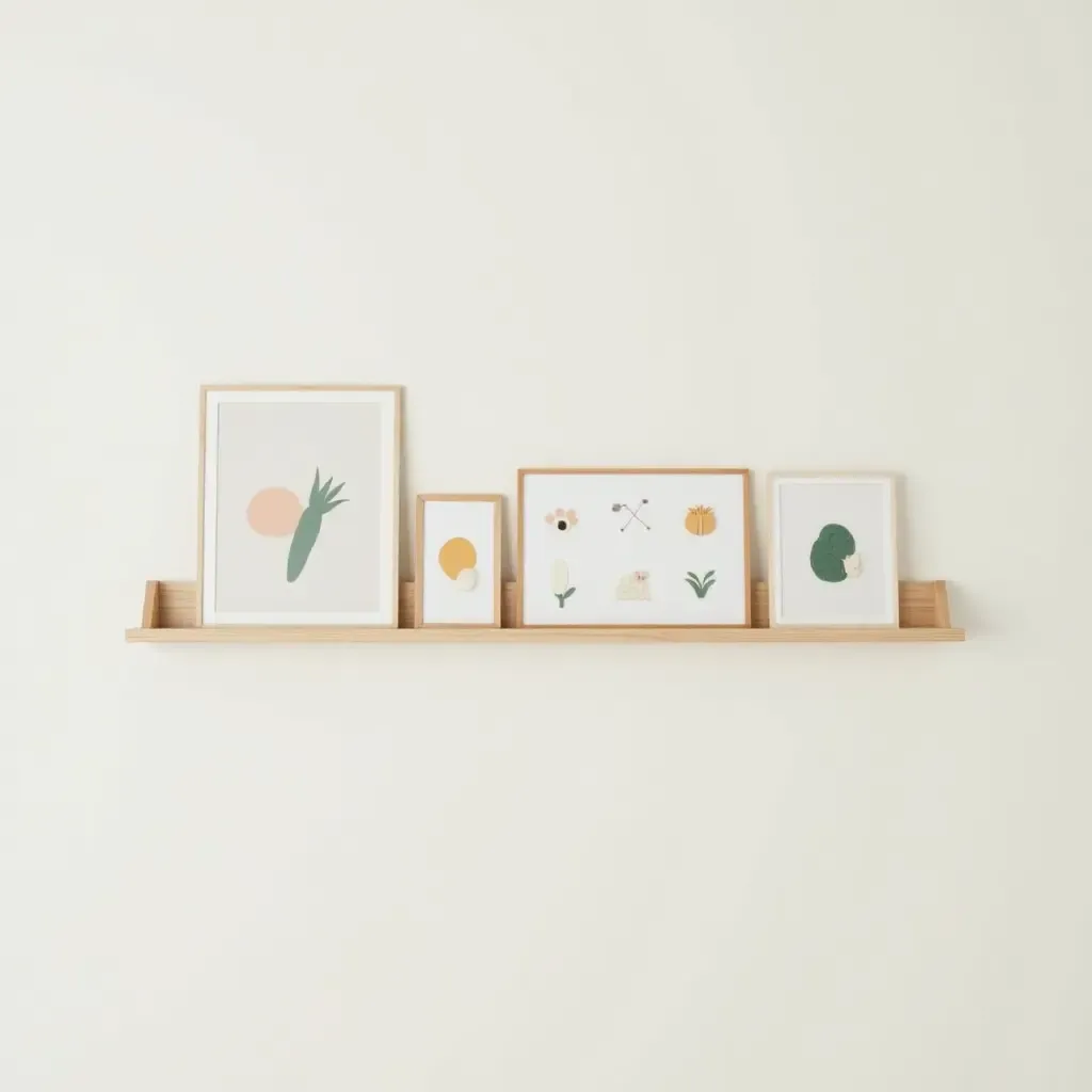 a photo of a wooden picture rail displaying nursery art