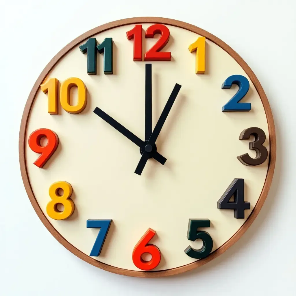 a photo of a whimsical, oversized wall clock with colorful numbers