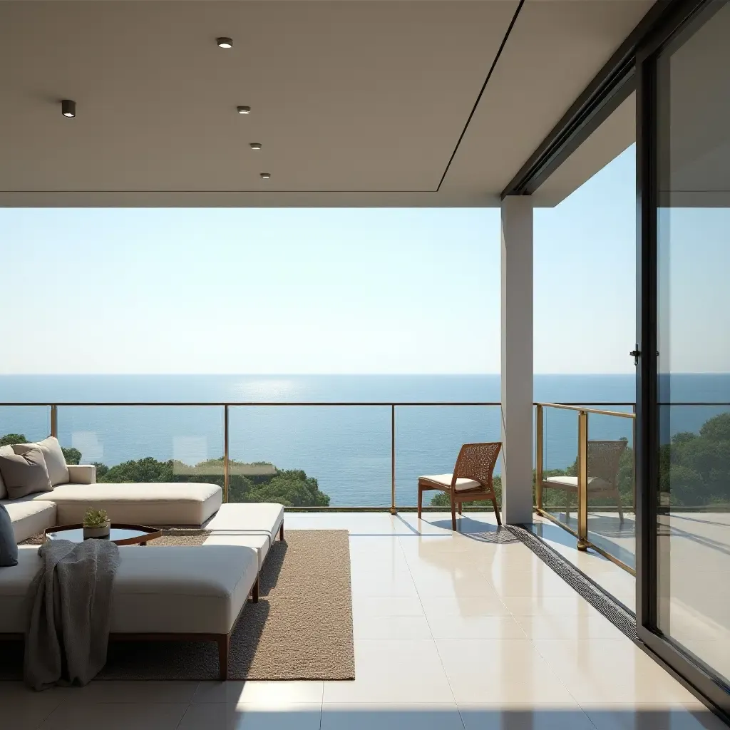 a photo of a luxurious balcony with metallic accents and ocean view