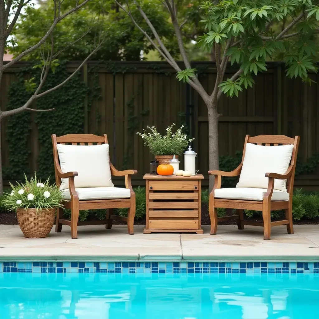 a photo of a rustic poolside setup featuring wooden crates and seasonal decorations