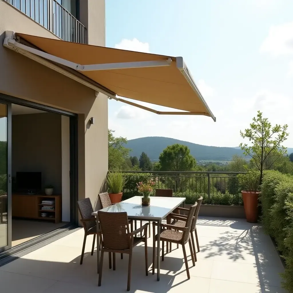 a photo of a balcony with a retractable awning and outdoor dining setup