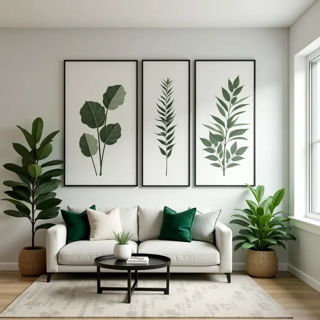 a photo of a basement gallery wall with oversized botanical prints and green accents