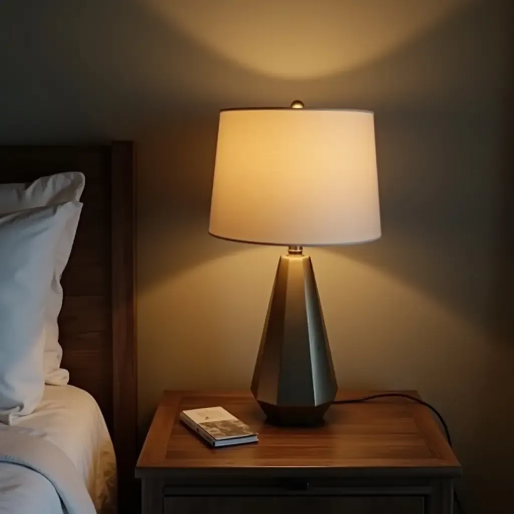 a photo of a metal lamp on a rustic nightstand